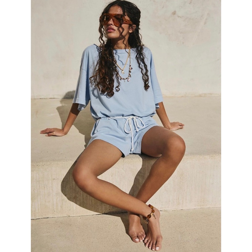Free People Free-est Money Belted Romper Jumpsuit Baby Blue Short Sleeve Xl